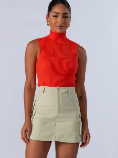 Regata Cropped em Tricot Canelado com Gola Alta - Laranja