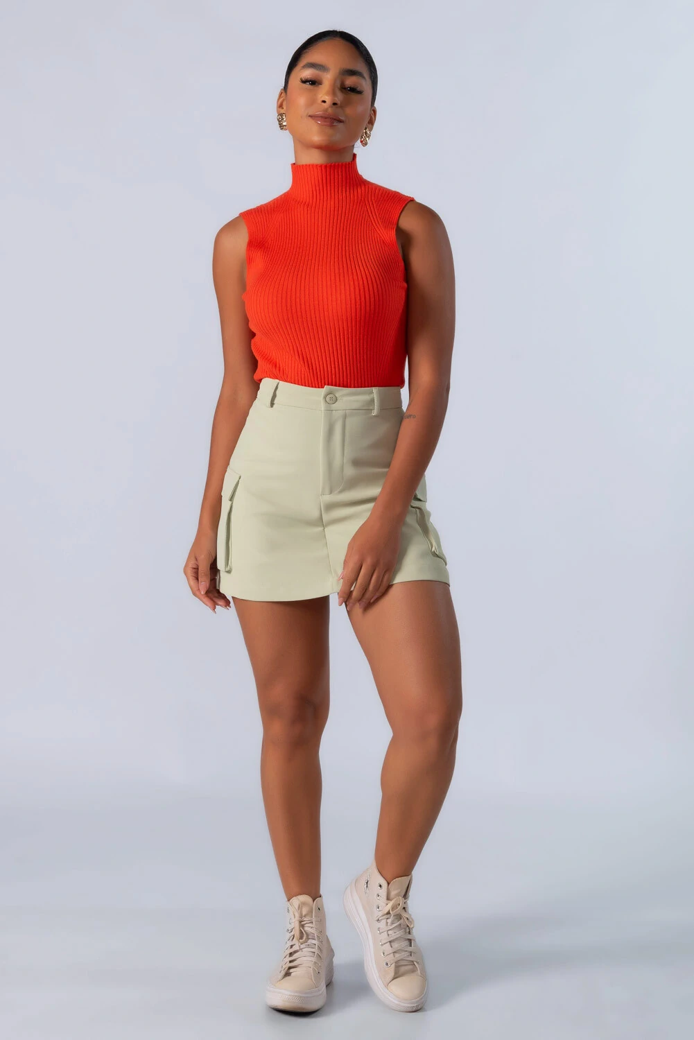 Regata Cropped em Tricot Canelado com Gola Alta - Laranja - Imagem 2