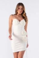 Conjunto de Body e Saia Curta com Flores Tridimensionais e Fenda Regulável - OFF WHITE