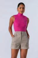 Regata Cropped em Tricot Canelado com Gola Alta - Rosa Pink