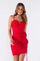Conjunto de Body e Saia Curta com Flores Tridimensionais e Fenda Regulável - Vermelho