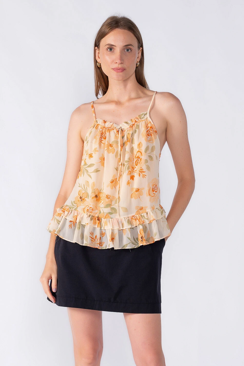 Blusa Feminina Leve em Chiffon com Babados e Amarração no Decote - Laranja - Imagem 10