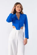 Blazer Curto Forrado com Recorte em V - Azul