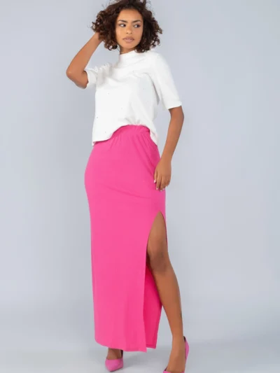 Saia Longuete em Malha Canelada com Fenda Lateral - Pink