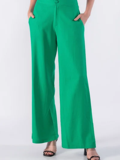 Calça Pantalona em Viscolinho com Botão Forrado e Bolsos - Verde